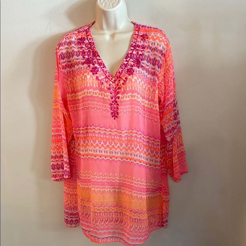 Coverup Tunic Pink & Orange Embroidered Boho V-Neck Swim for Women Small